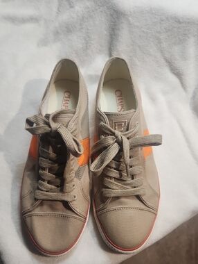 Chaps Taupe Canvas Sneakers with Orange Accent